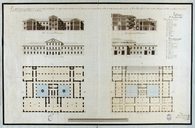 Secciones FG y BC; fachadas principal y lateral; plantas baja y principal