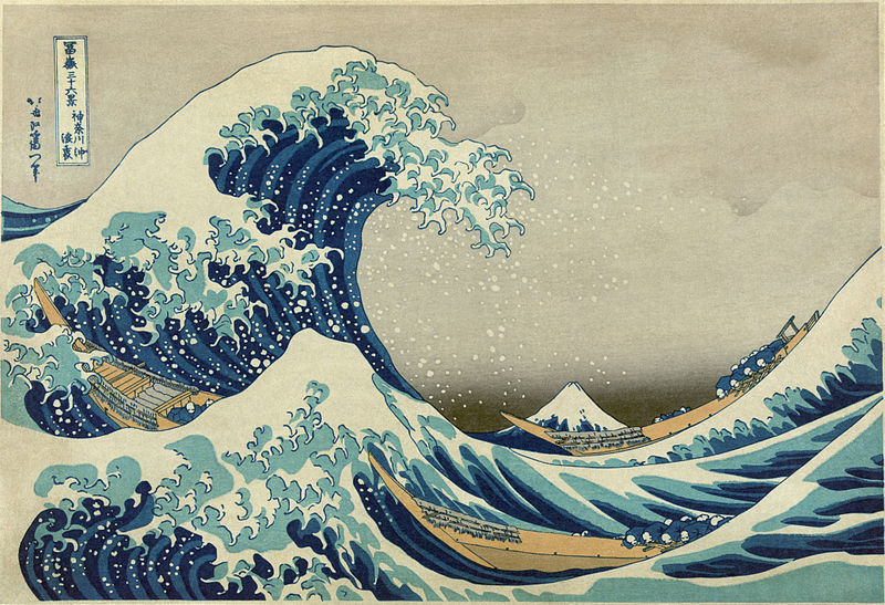 El paisaje se compone de tres elementos: el mar agitado por una tormenta, tres barcos y una montaña, imagen que se complementa con la firma, claramente visible en la parte superior izquierda. 
La montaña que se ve al fondo es el Monte Fuji, cuya cumbre está nevada. En Japón esta montaña ha sido considerada sagrada y símbolo de identidad nacional, además de que su imagen ha sido utilizada en el arte nacional como un símbolo de belleza.