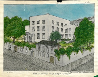 Boceto desde la esquina de Parkgasse/Geusaugasse según los planos presentados en 1926