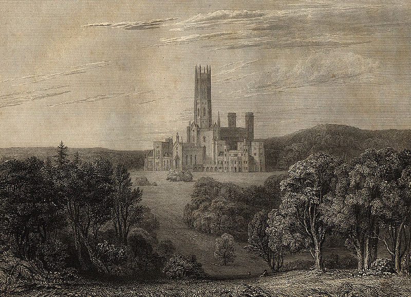 The west and south fronts of Fonthill Abbey in Wiltshire, England from John Rutter's ''Delineations of Fonthill'' (1823)