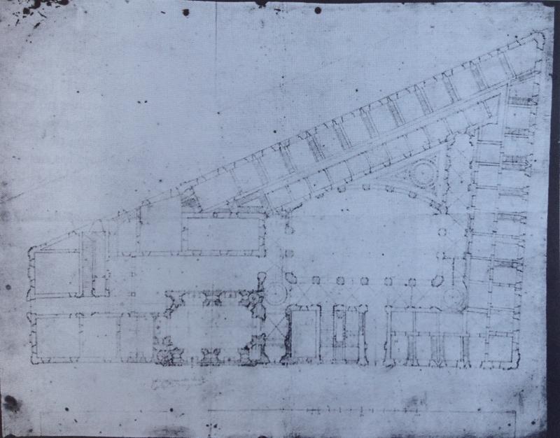 Borromini: planta para el colegio de Propaganda Fide, Roma, Dibujo. 
Borromini se enfrentó a un solar irregular, con apenas un angulo recto y un palacio ya existente que había que incorporar al proyecto.
BLUNT, Anthony: Borromini. Madrid: Alianza Forma, 2005, Pag. 197