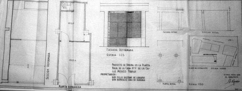 Plano de situación, planta, fachada y detalle.