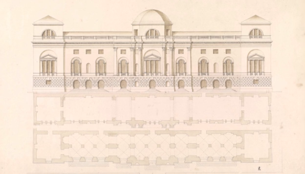 William Kent, diseño de las casas del parlamento, fahada de Old Palace Yard, 1739.
