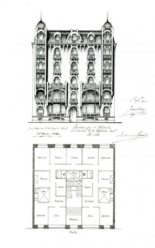 Planta y alzado de la casa de Zubieta 1, proyectada en 1906 por Ramón Cortázar para Francisco Lerchundi. LABORDA YNEVA, José. Arquitectos en San Sebastián 1880-1930. COAVN. San Sebastián, 2008 