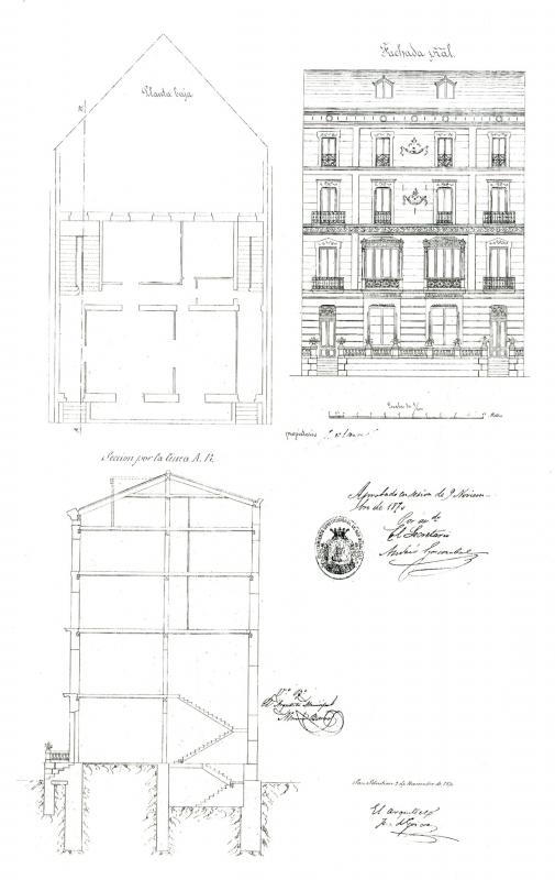 Planta, alzado y sección de la casa de Camino 5, proyectada por José Goicoa en 1870 para José Cárcer. LABORDA YNEVA, José: Arquitectos en San Sebastián 1880-1930. COAVN. San Sebastián, 2008 