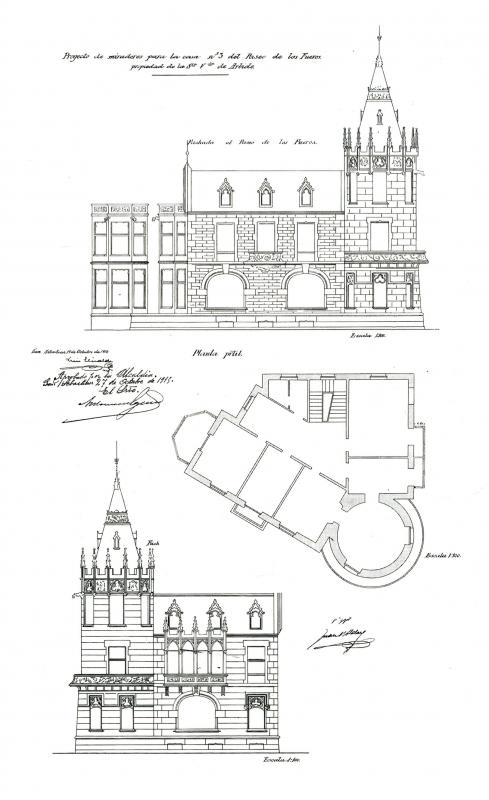 Planta y alzados de los miradores proyectados en 1895 por Luis Elizalde en el paseo de los Fueros para la baronesa de Satrústegui. Ambos edificios fueron trasladados al paseo de San Miguel en Miramon. LABORDA YNEVA, José: Arquitectos en San Sebastián 1880-1930. COAVN. San Sebastián, 2008