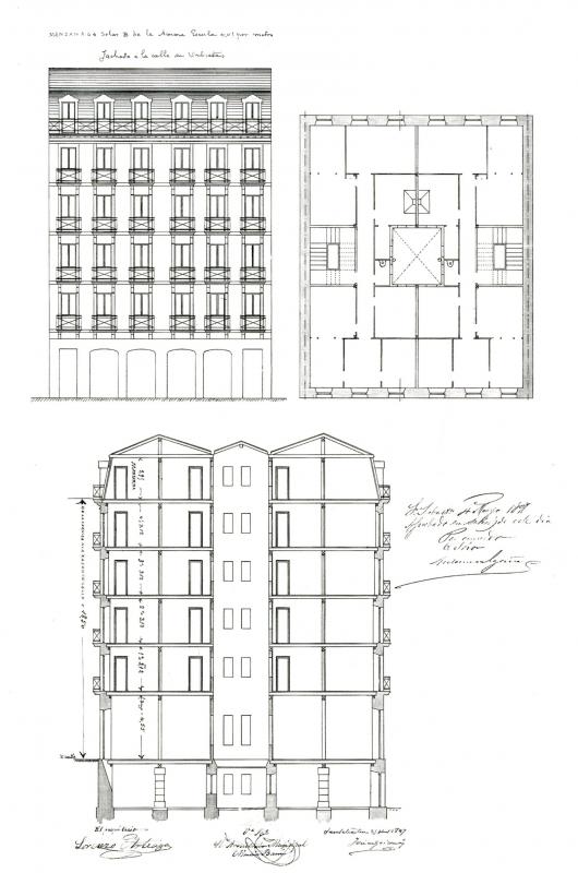 Planta, alzado y sección de la casa de Urbieta 26-28, proyectada en 1897 por José Goicoa para Lorenzo Arteaga. LABORDA YNEVA, José: Arquitectos en San Sebastián 1880-1930. COAVN. San Sebastián, 2008.