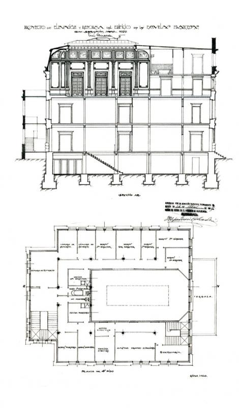 Planta y sección del edificio de las Escuelas Francesas, proyectado en 1912, reformado en 1919 y ampliado en 1922 por Luis Elizalde en el paseo de Francia 12. LABORDA YNEVA, José: Arquitectos en San Sebastián 1880-1930. COAVN. San Sebastián, 2008