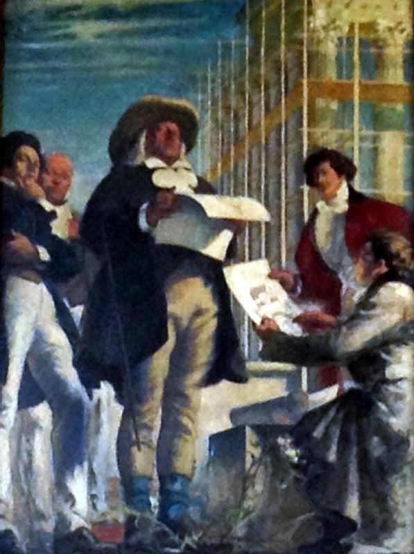 scena imaginaria de Bentham aprobando los planos de construcción de la Universidad de Londres por Henry Tonks.