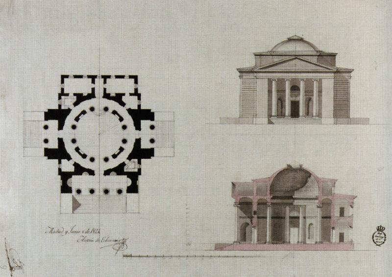 Fachada principal, planta y sección