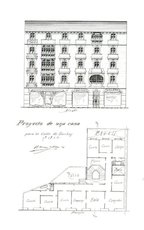 Planta y alzado de la casa de Garibay 21, proyectada en 1903 por Ramón Cortázar para Francisco Lerchundi. LABORDA YNEVA, José. Arquitectos en San Sebastián 1880-1930. COAVN. San Sebastián, 2008 