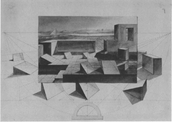  Dibujo en perspectiva, fecha desconocida, pluma y acuarela