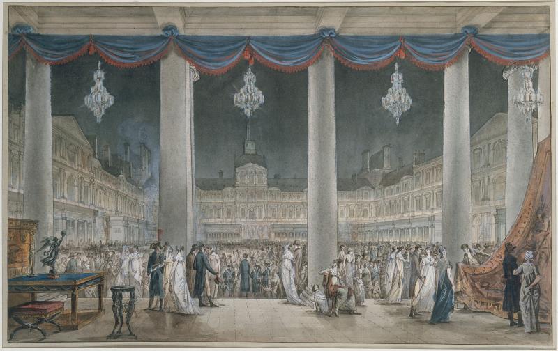 Fête de nuit durant l'Exposition des produits de l'industrie dans la Cour carrée du Louvre en l'an X (1801), œuvre anonyme exposée au musée Carnavalet.
