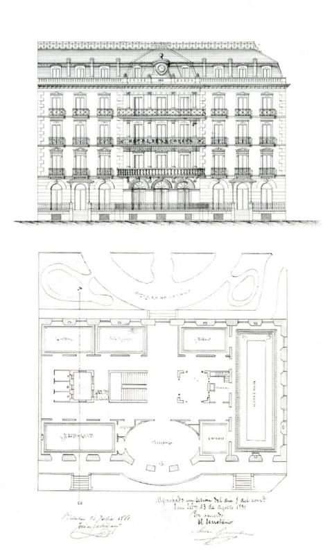 Planta y alzado del hotel de Zubieta 14-16-18, proyectado en 1880 por José Goicoa para Agustín Galíndez. LABORDA YNEVA, José: Arquitectos en San Sebastián 1880-1930. COAVN. San Sebastián, 2008