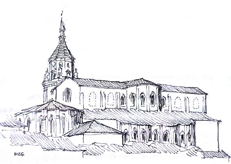 Cabecera de la catedral; en línea de puntos, los ventanales góticos inventados por Lorente. Ilustración de Miguel Sobrino González.
