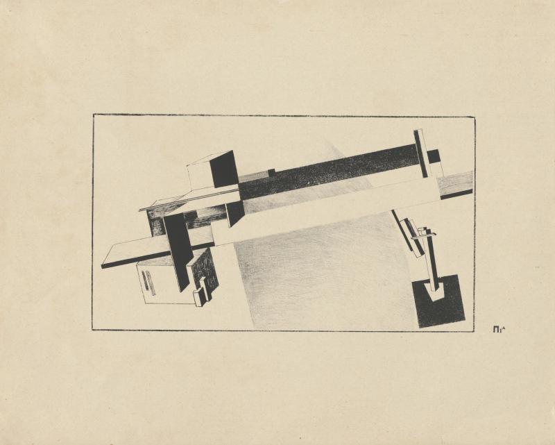 Lithograph from a portfolio of eleven lithographs with unique manuscript manifesto in Russian and German, colophon, and front and back covers of gouache, ink and pencil