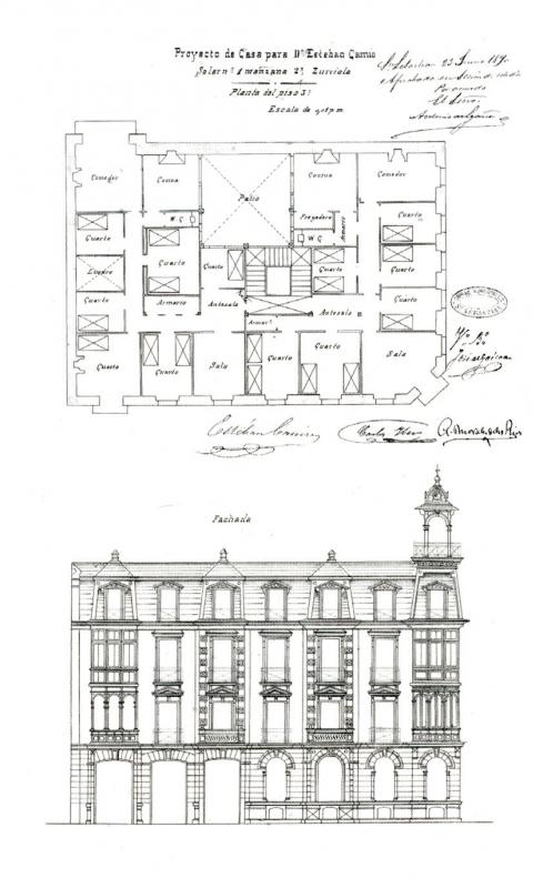 Planta y alzado de la casa de General Echagüe 15, propiedad de Esteban Camio, proyectada en 1890 por Adolfo Morales de los Ríos y firmada también por Carlos Ibero. LABORDA YNEVA, José: Arquitectos en San Sebastián 1880-1930. COAVN. San Sebastián, 2008