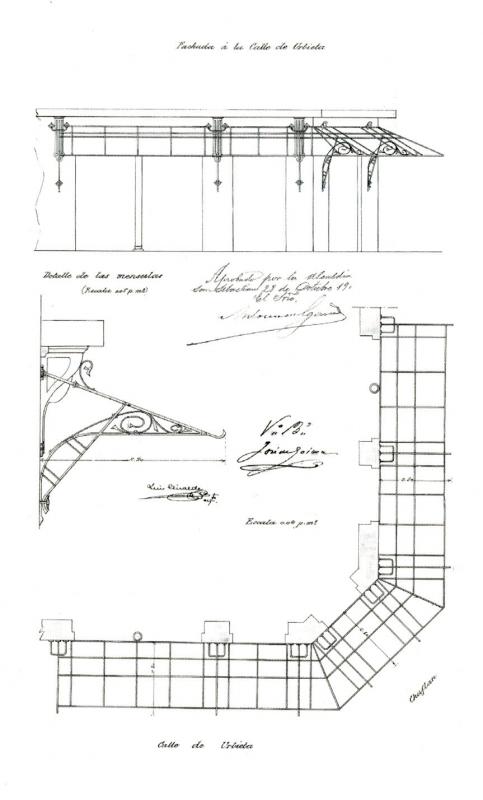 Planta y alzado de la marquesina instalada en la planta baja de la casa de Urbieta 54, con vuelta a Moraza, ambas proyectadas en 1906 por Luis Elizalde para Benigno Oyarbide. LABORDA YNEVA, José: Arquitectos en San Sebastián 1880-1930. COAVN. San Sebastián, 2008