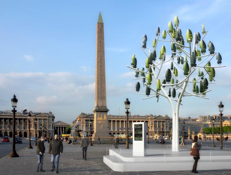 Implantación de un árbol metálico de generación de energía eléctrica en la plaza de la Concordia de Paris, Francia